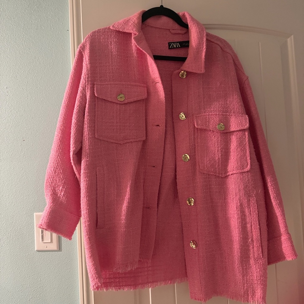 Zara Bubblegum Pink Tweed Gold-Button shacket/ jacket